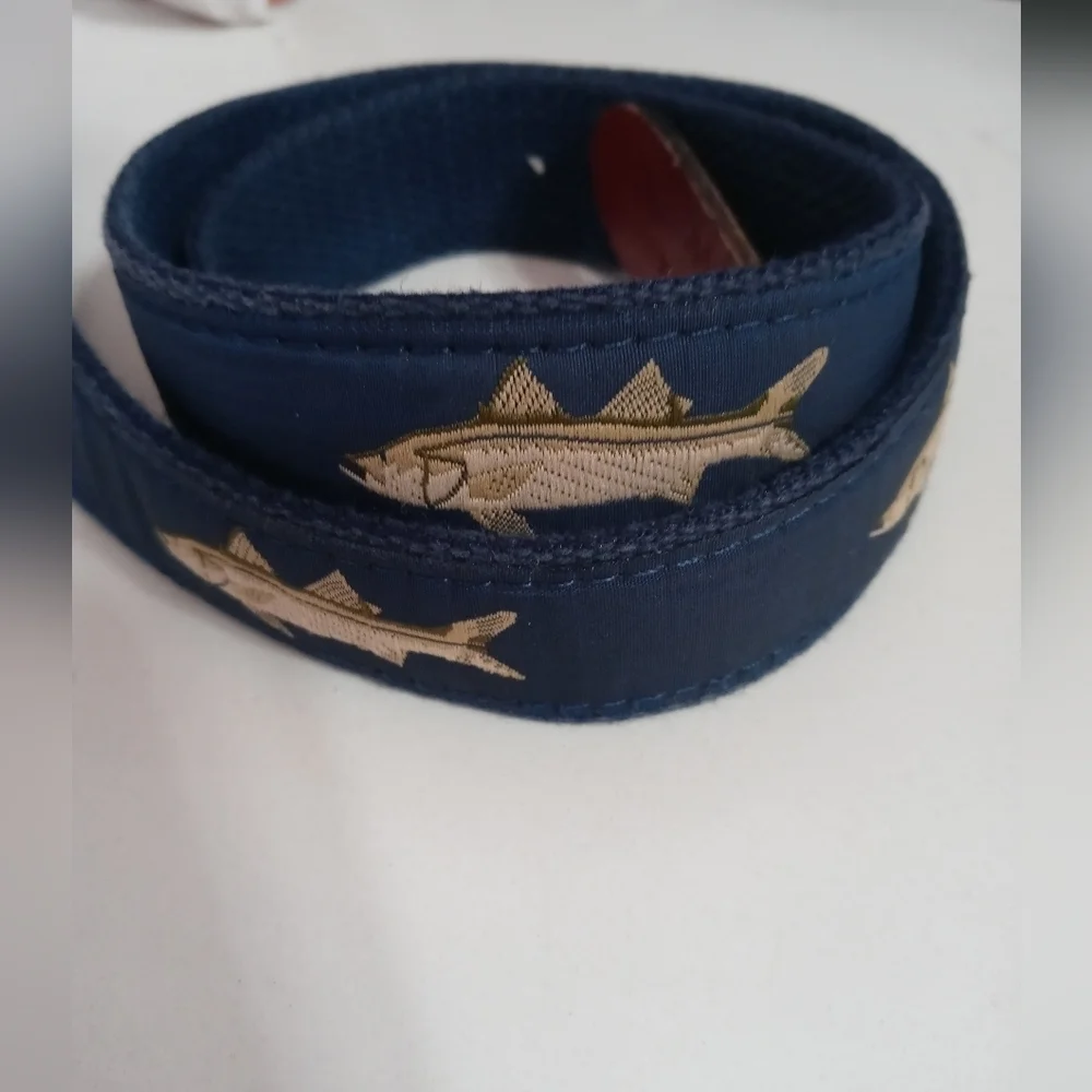 Leather Man Fish Leather and Navy blue Canvas belt Brass buckle 34
